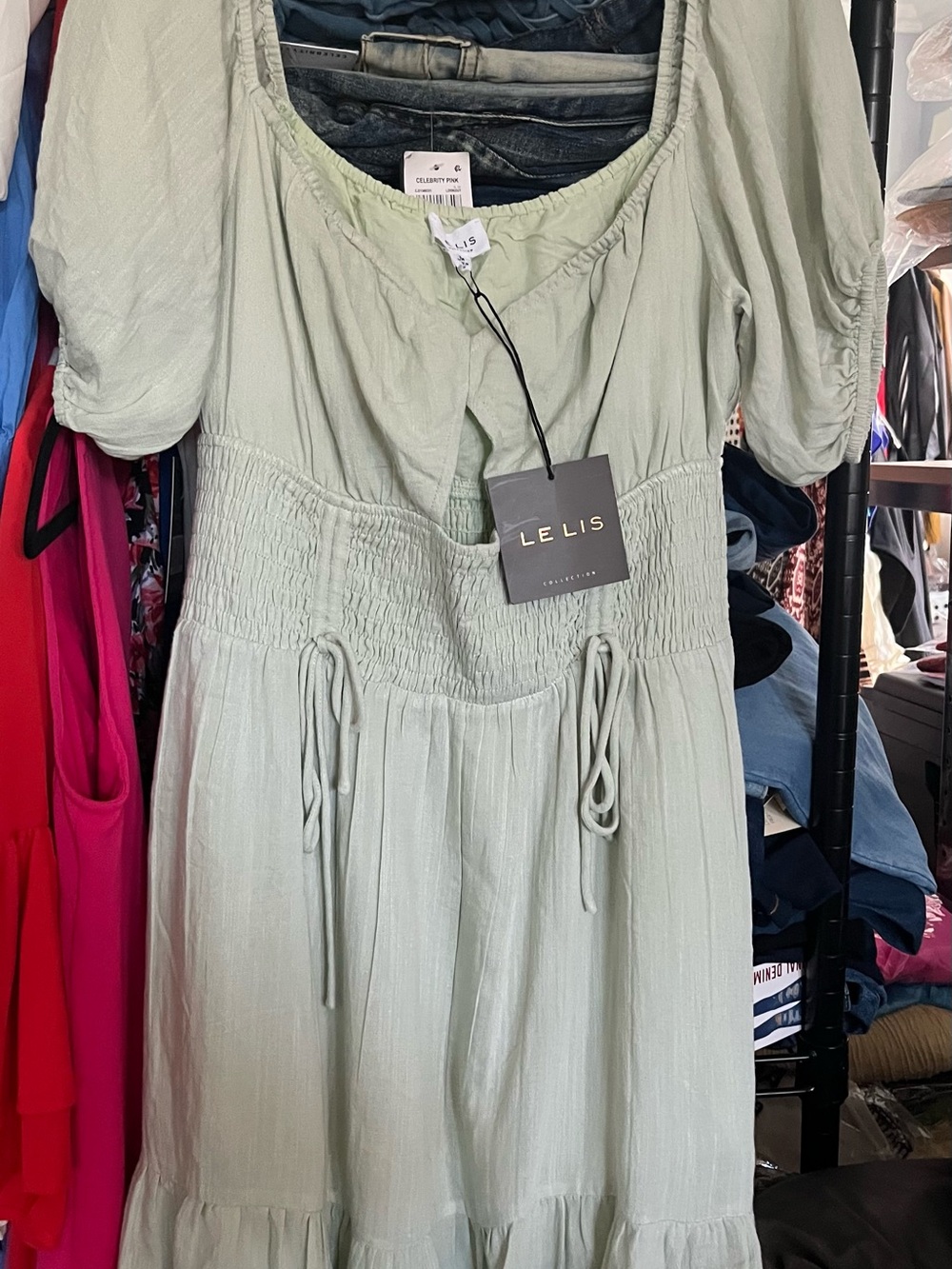 Le Lis Light Sage Green Smocked Midi Dress
